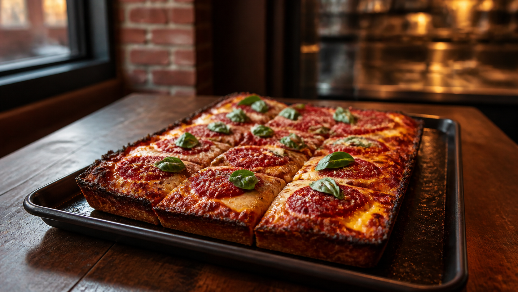 AI-generated editorial illustration of Detroit-style pizza in a warm neighborhood pizzeria.
