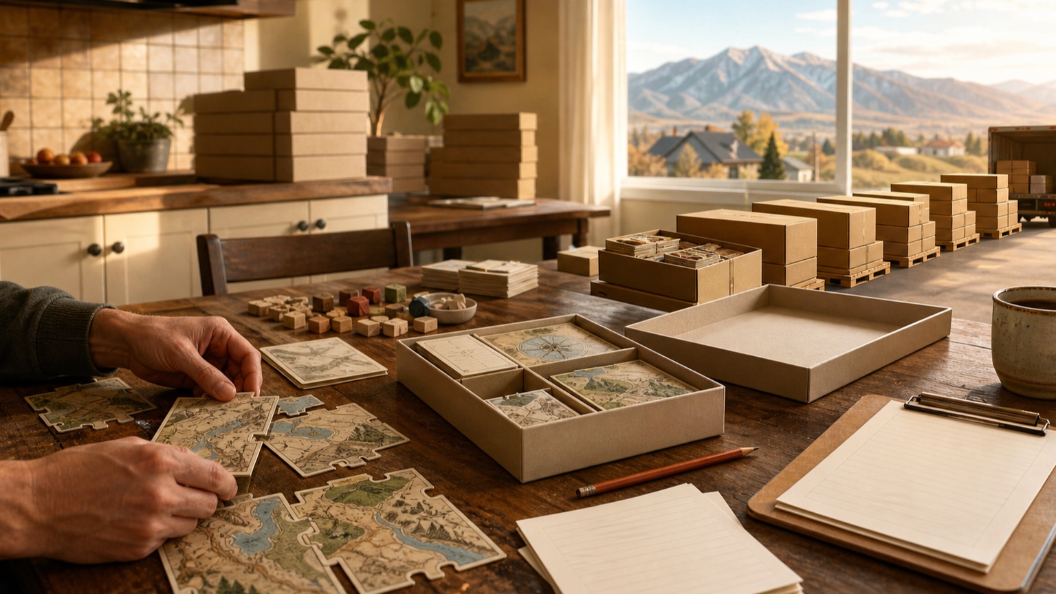 Original editorial illustration of an operator arranging puzzle pieces and production materials at a kitchen table, with packed game cartons and the Wasatch foothills beyond