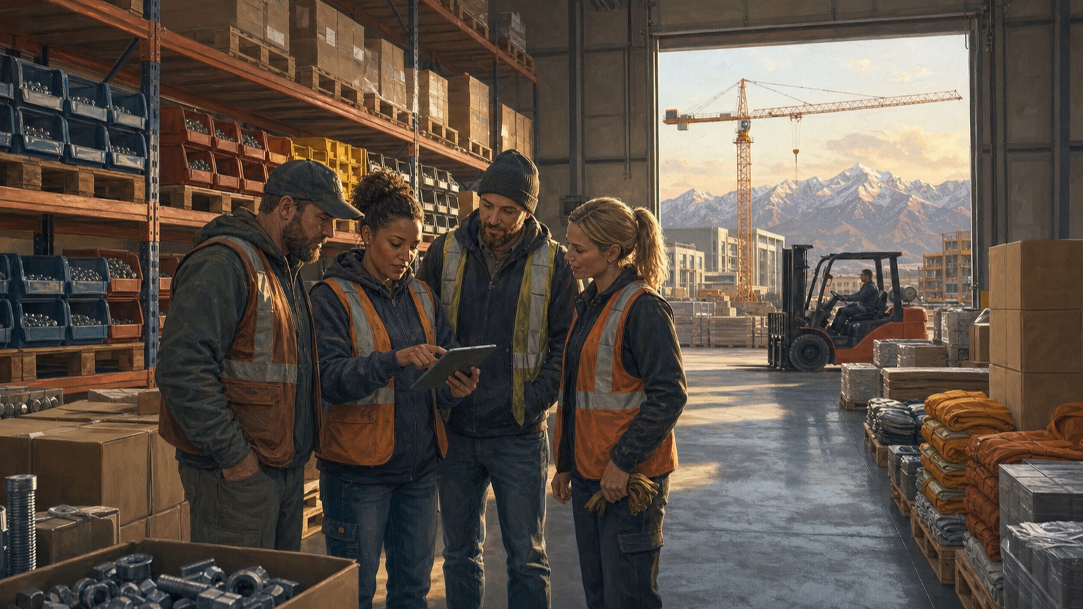 Original editorial illustration of warehouse operators reviewing inventory beside organized industrial supplies, with a construction crane and the Wasatch Mountains visible through a loading bay.