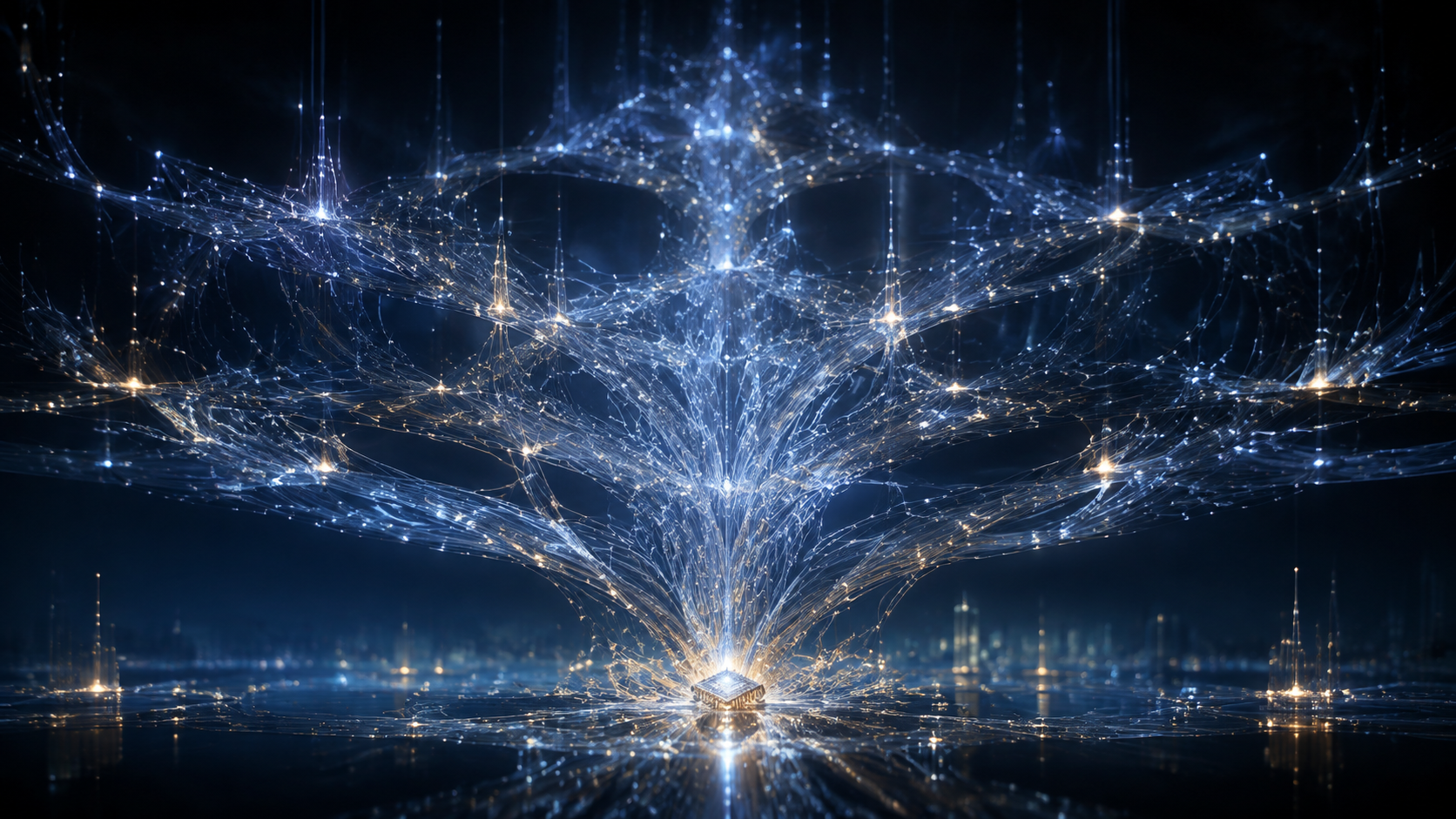 Custom editorial artwork of an illuminated intelligence network branching from a silicon core.